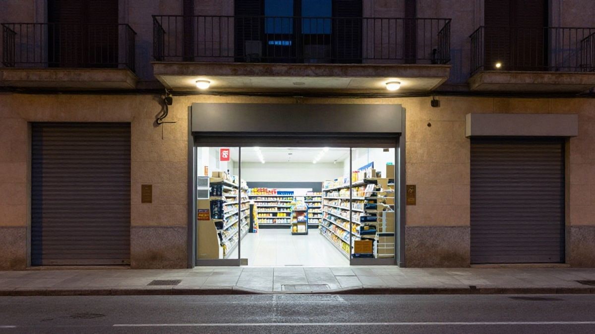 Imagen ilustrativa: entrada de supermercado cerrada de noche con persianas bajadas e iluminación artificial
