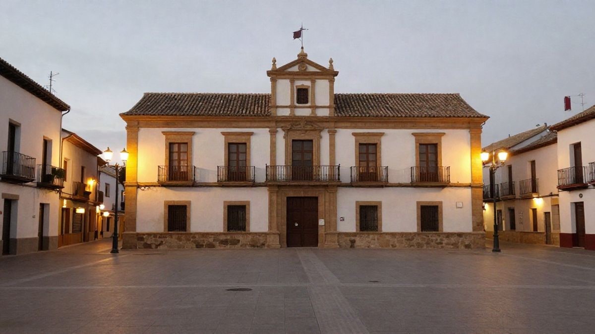 Imagen ilustrativa: plaza de pueblo con edificio histórico iluminado por farolas