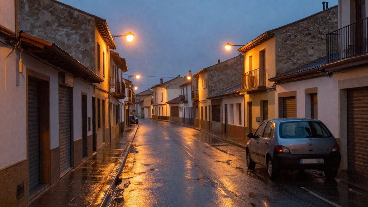 Imagen ilustrativa: calle de un municipio español de noche bajo la lluvia, con el asfalto mojado y reflejos de las farolas
