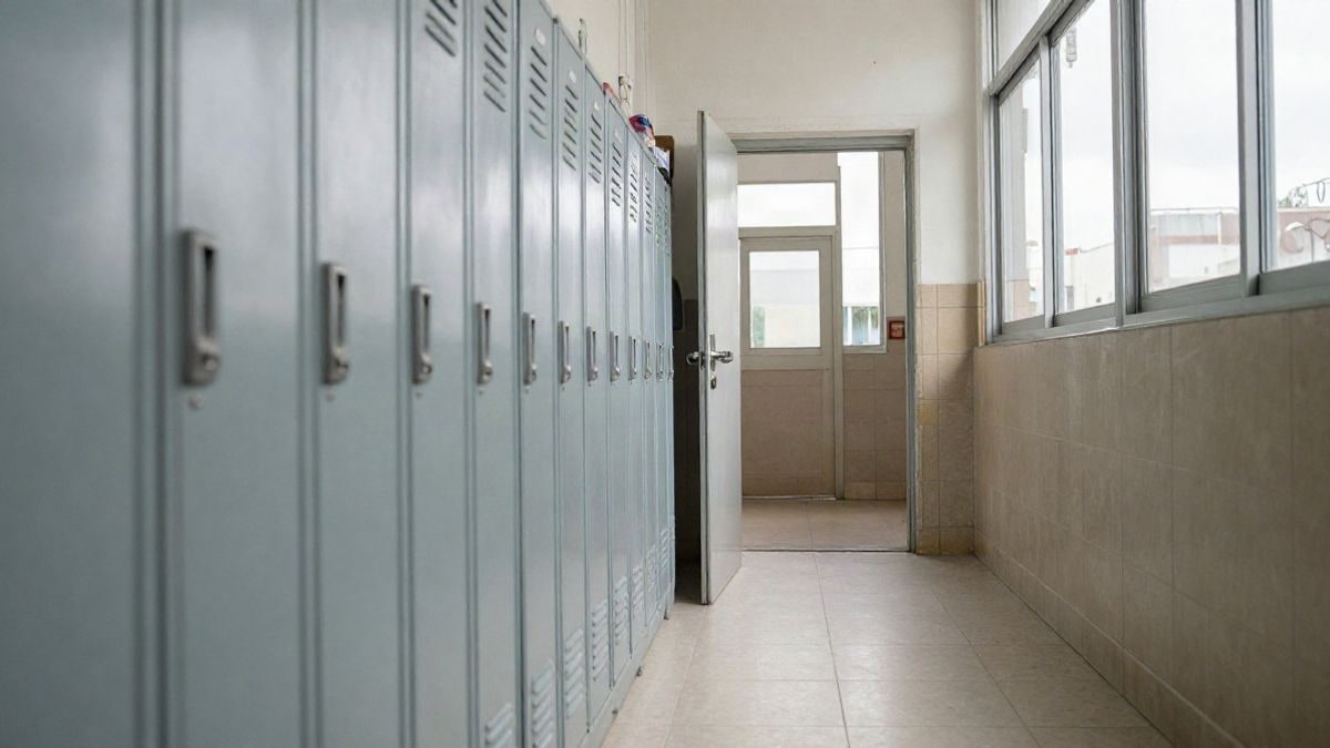 Imagen ilustrativa: pasillo de un colegio con taquillas y una puerta de aula entreabierta, con luz natural de ventana.