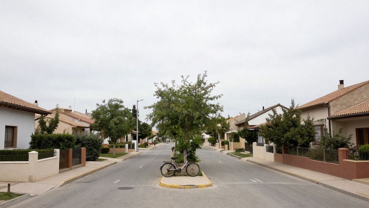 Imagen ilustrativa: calle tranquila con casas modestas de principios del siglo XX y jardines delanteros, con una bicicleta apoyada en un muro bajo