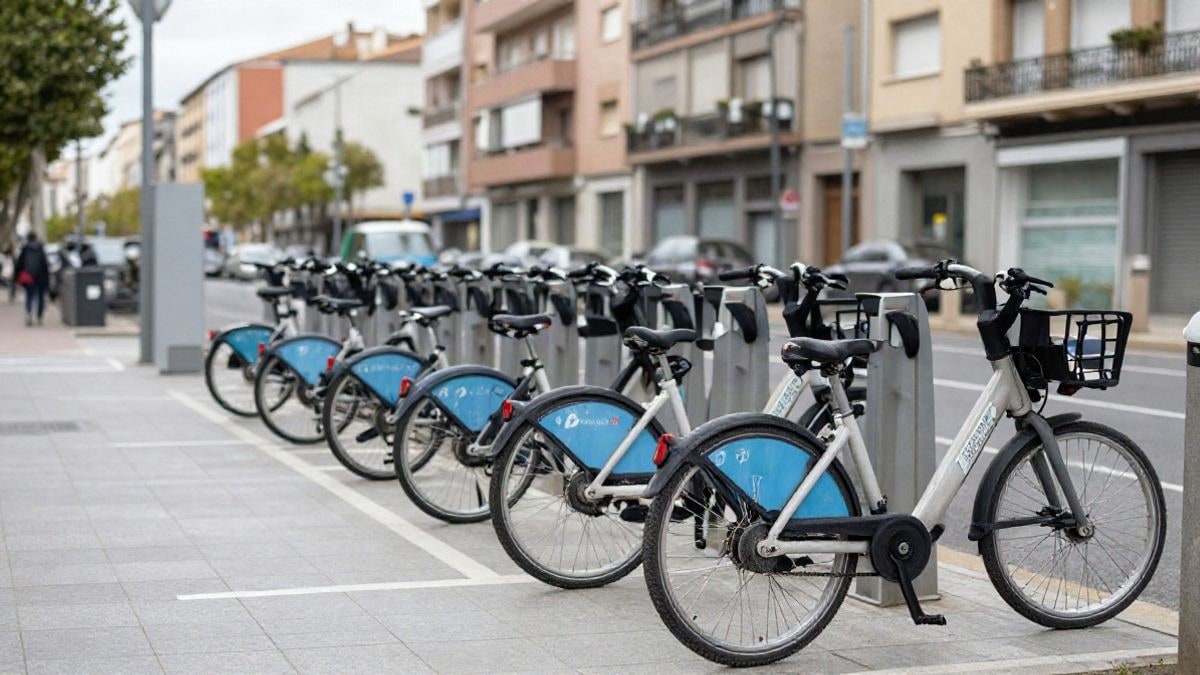 Imagen ilustrativa: una hilera de bicicletas eléctricas compartidas aparcadas en una estación de anclaje en una calle de Barcelona, con edificios de fondo
