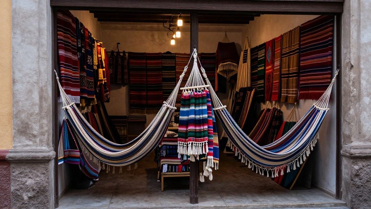Imagen ilustrativa: interior de una tienda con hamacas de colores colgadas del techo y las paredes