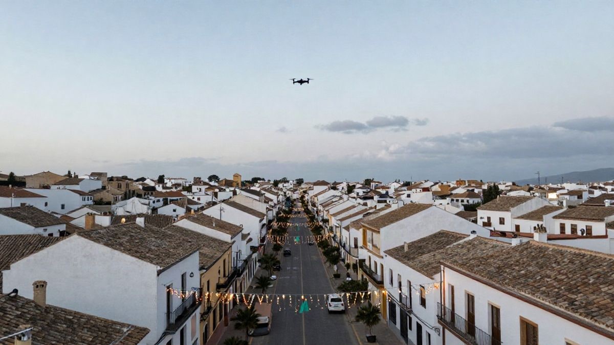 Imagen ilustrativa: vista aérea de una calle festiva con luces y gente paseando al atardecer