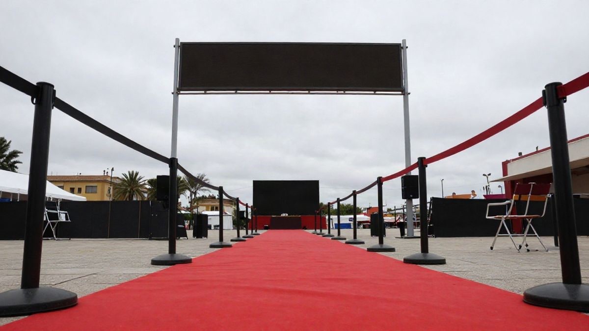 Imagen ilustrativa: ángulo bajo a ras de suelo con cielo de fondo en un espacio genérico de festival de cine al aire libre