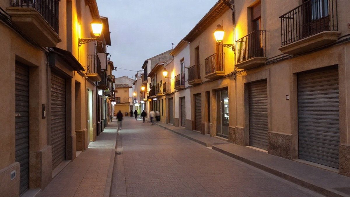 Imagen ilustrativa: calle comercial de noche con farolas y escaparates iluminados