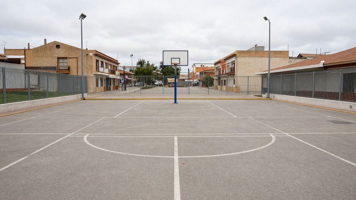 Imagen ilustrativa: patio escolar vacío con canasta y líneas pintadas en el suelo, visto desde la calle en un día nublado