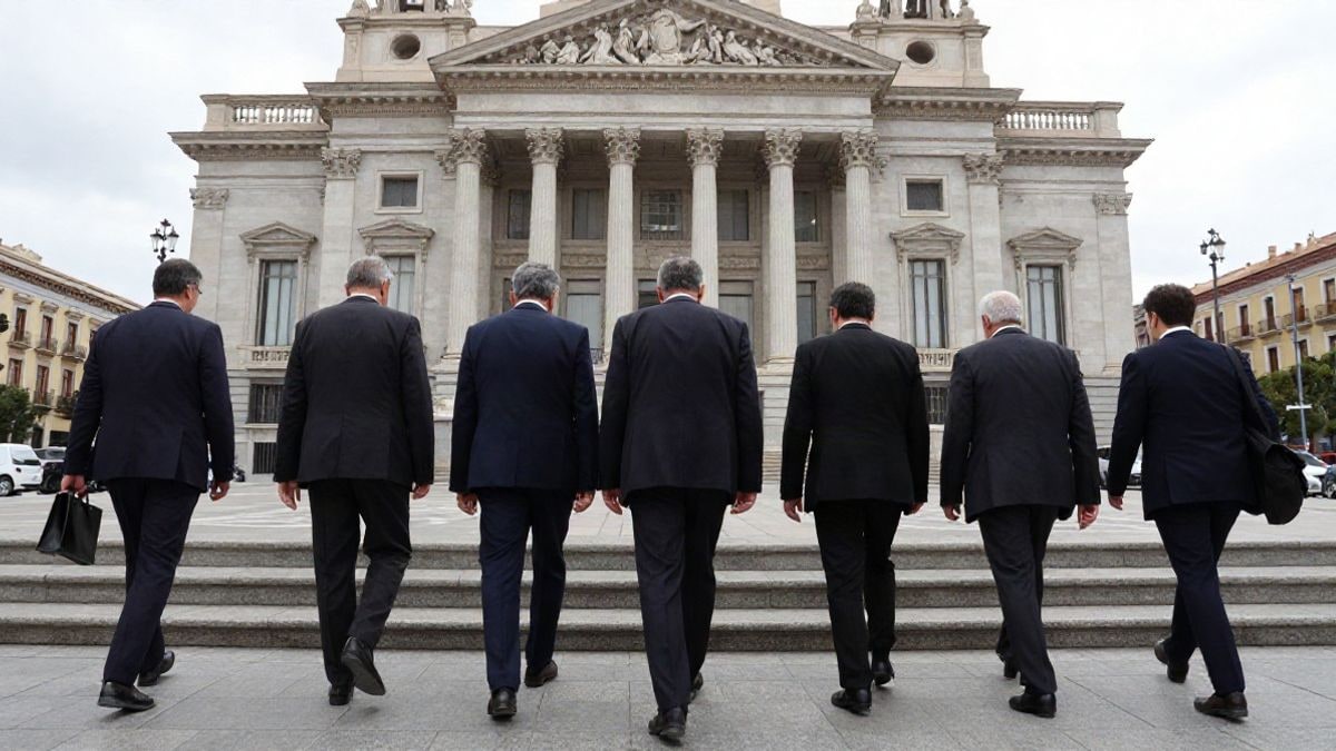 Imagen ilustrativa: un grupo de personas subiendo las escaleras de un edificio institucional genérico en un día nublado.