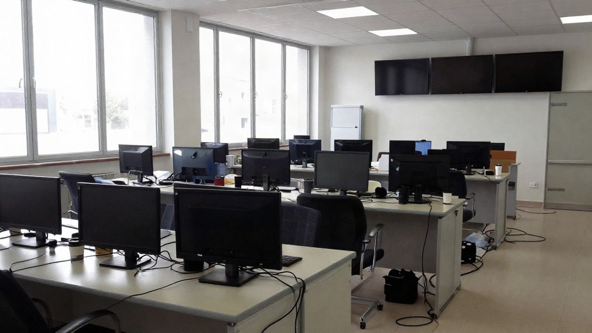 Imagen ilustrativa: sala de coordinación operativa vacía con mesas y pantallas, luz lateral de ventana