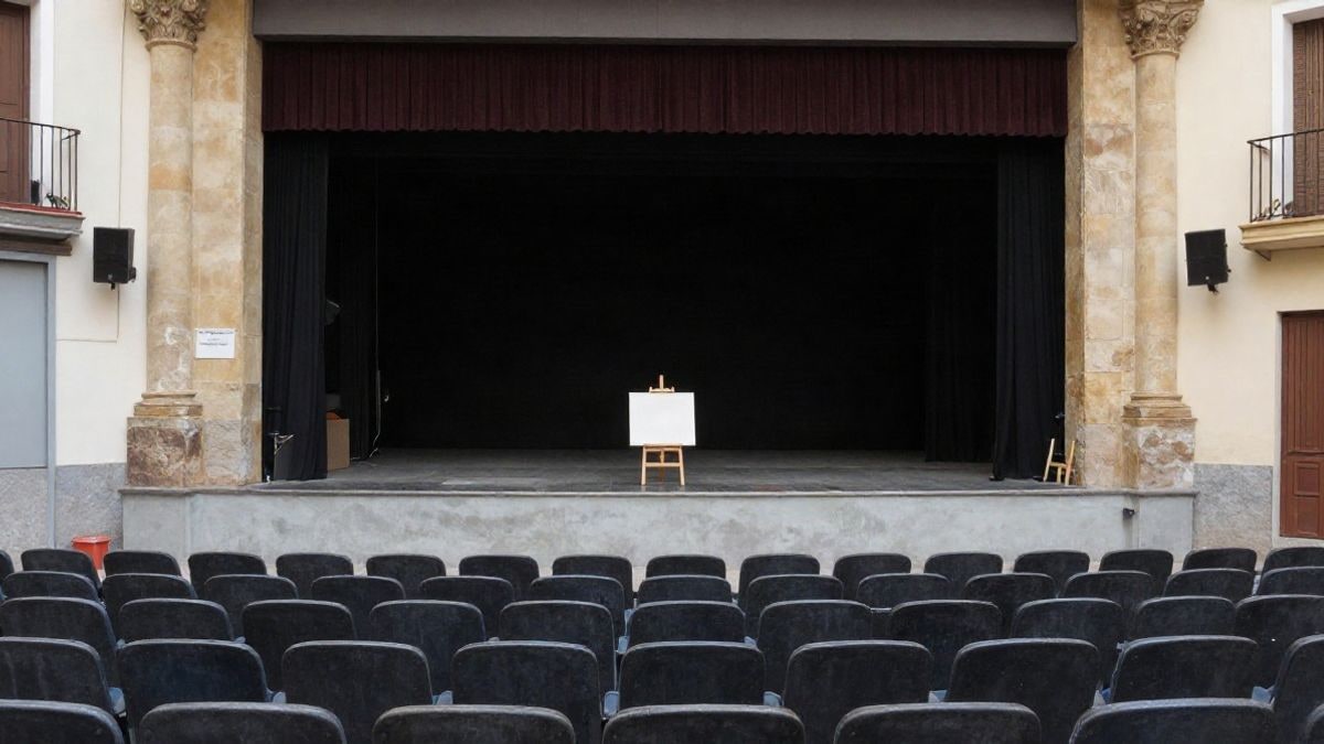 Imagen ilustrativa: escenario de un teatro municipal vacío con un caballete y un lienzo blanco bajo la luz ordinaria de las tablas