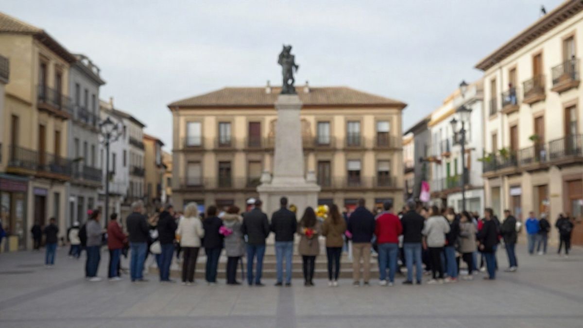 Imagen ilustrativa: una plaza con personas de espaldas y un monumento al fondo