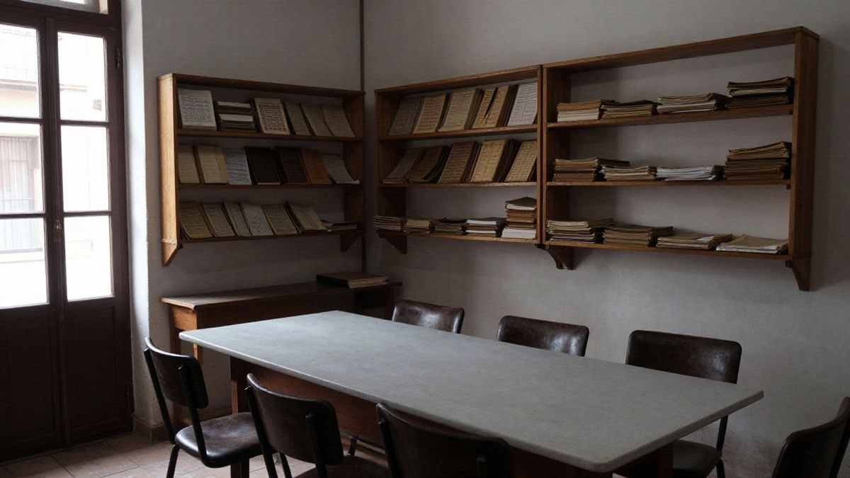 Imagen ilustrativa: interior de una sala de archivo municipal con estanterías de madera y una mesa preparada para una charla