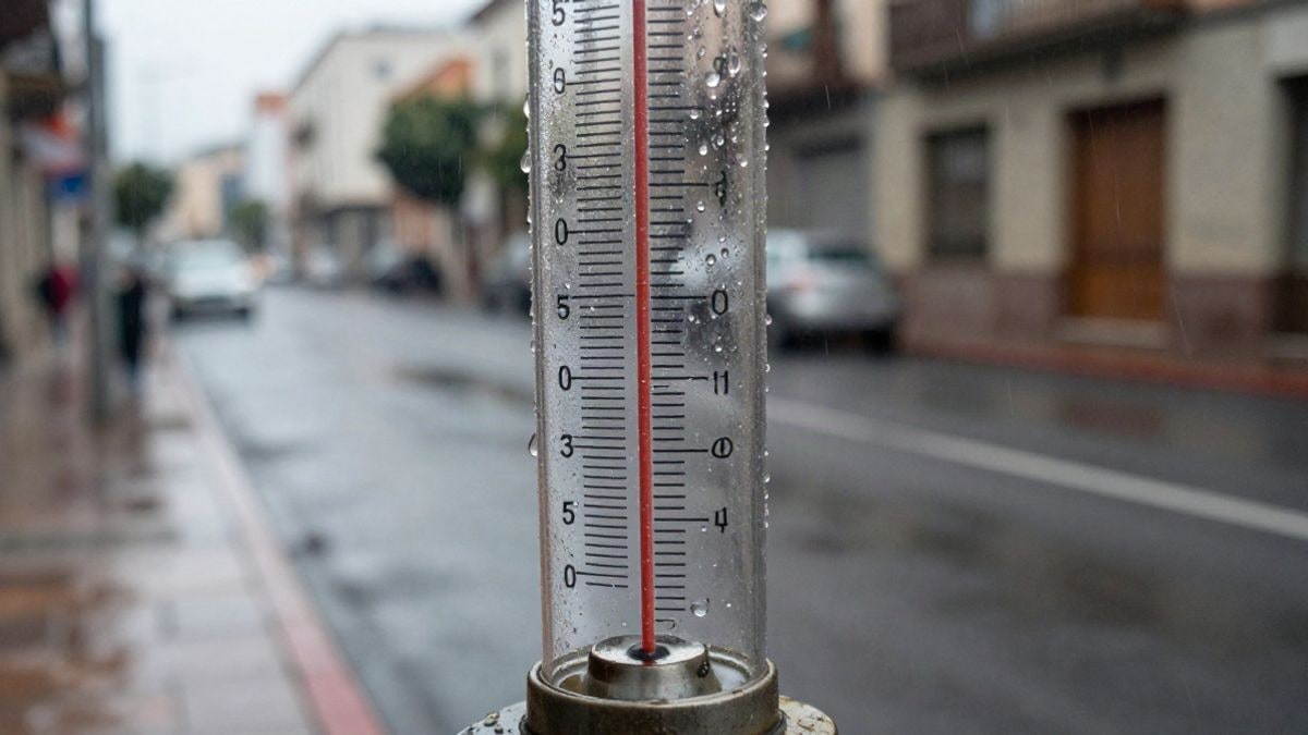 Imagen ilustrativa: primer plano de un pluviómetro metálico recogiendo agua de lluvia intensa sobre asfalto mojado