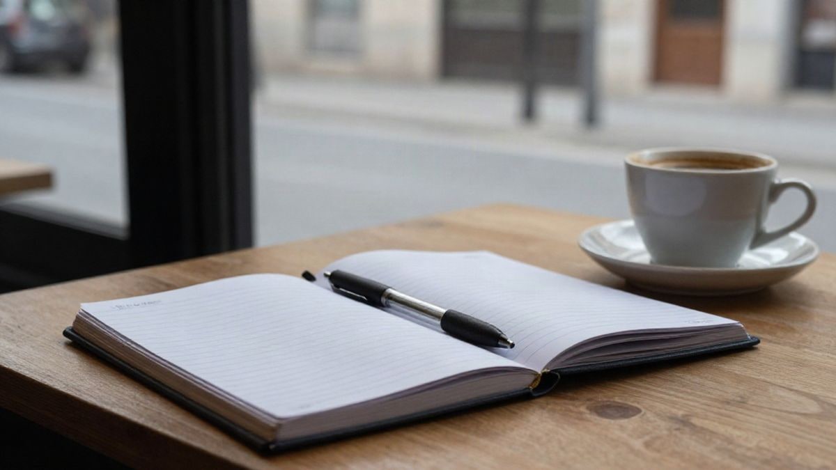 Imagen ilustrativa: detalle de una mesa de madera con un cuaderno, un bolígrafo y una taza de café junto a una ventana