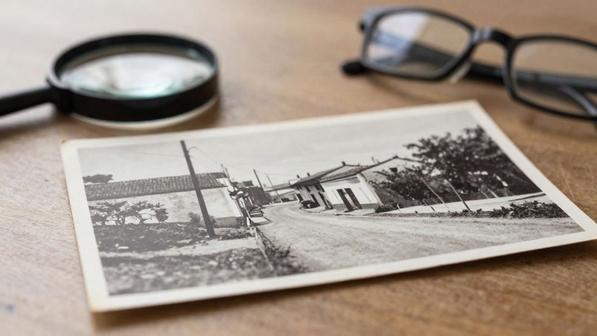 Imagen ilustrativa: primer plano de una fotografía antigua en blanco y negro sobre una mesa de madera junto a una lupa