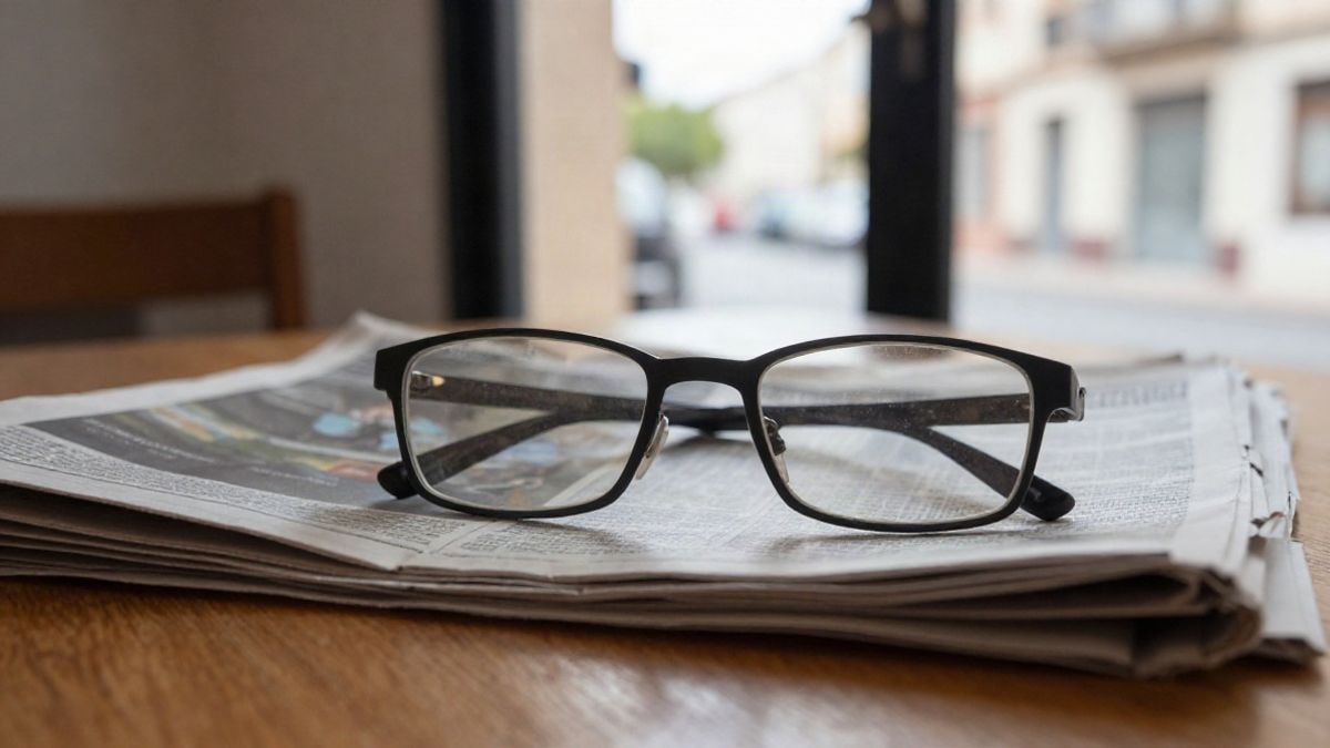 Imagen ilustrativa: primer plano de unas gafas de lectura sobre un periódico doblado en una mesa de madera
