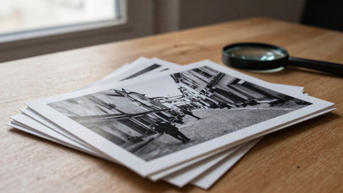 Imagen ilustrativa: detalle de fotografías impresas en blanco y negro sobre una mesa de madera