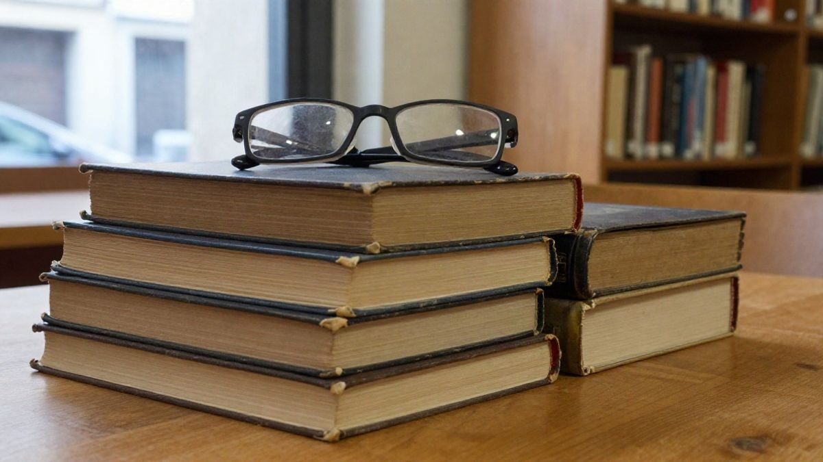 Imagen ilustrativa: pila de libros usados sobre una mesa de madera con gafas de lectura