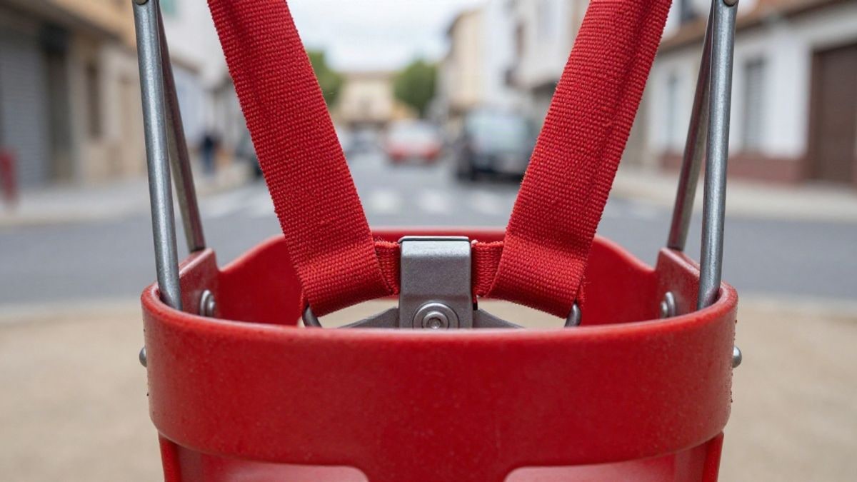 Imagen ilustrativa: primer plano de un asiento de columpio adaptado con arnés en un parque infantil