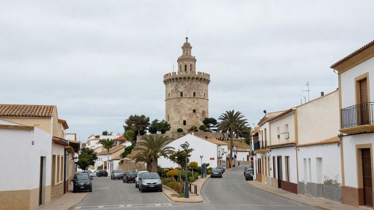 Imagen ilustrativa: una torre de defensa histórica en un entorno urbano, con calles que confluyen hacia ella bajo un cielo nublado.