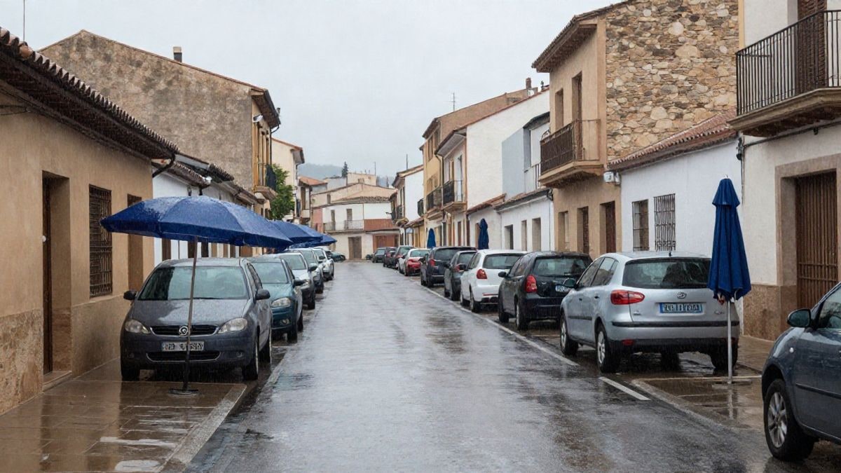 Imagen ilustrativa: calle residencial mojada por la lluvia con charcos y cielo gris
