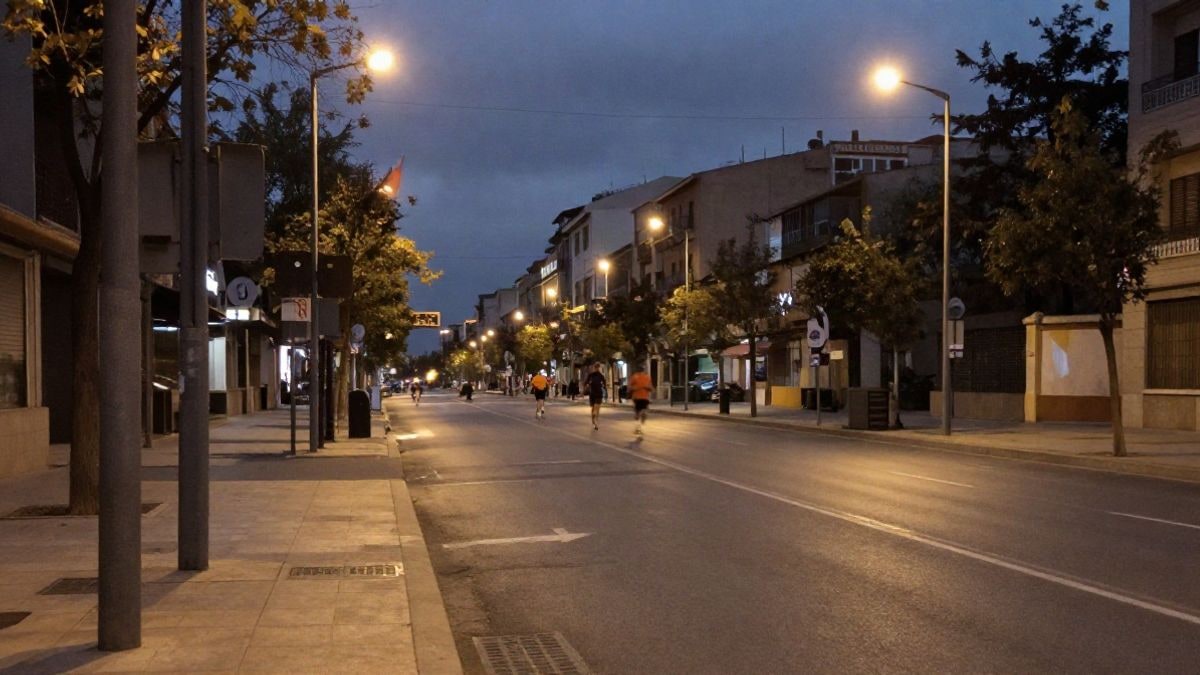 Imagen ilustrativa: calle urbana nocturna con farolas y corredores desenfocados al fondo