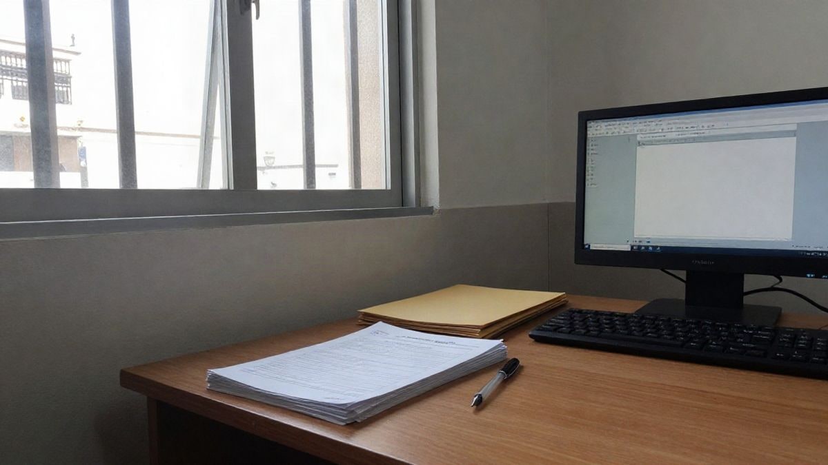 Imagen ilustrativa: escritorio de oficina municipal con formularios en blanco, una carpeta y un ordenador