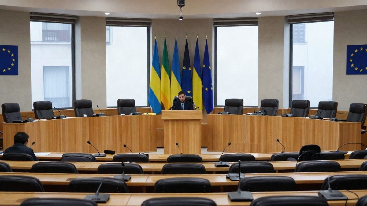 Imagen ilustrativa: sala de plenos con asientos vacíos y una tribuna con micrófonos.