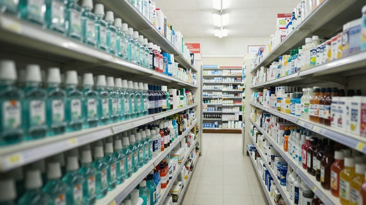 Imagen ilustrativa: estantería de farmacia con frascos de enjuague bucal alineados en fila