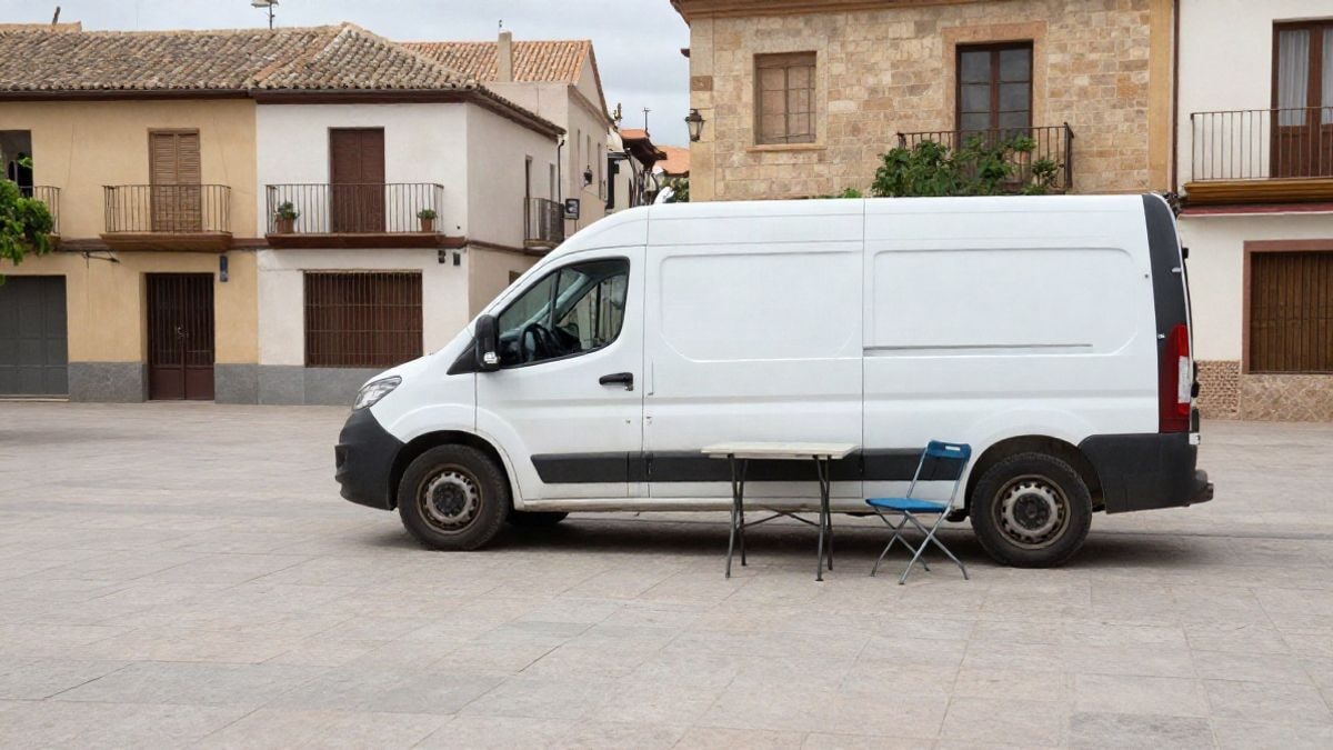 Imagen ilustrativa: unidad móvil sanitaria aparcada en una plaza con una mesa plegable y sillas