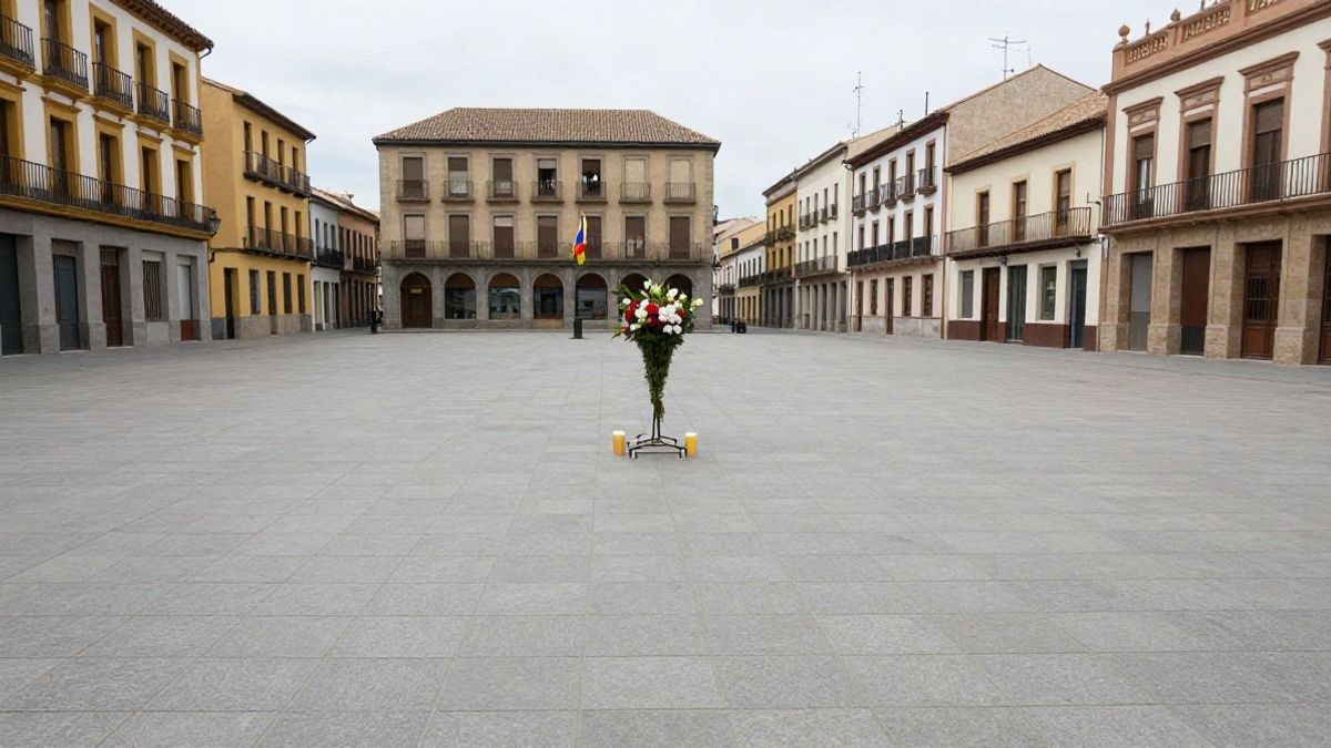 Imagen ilustrativa: plaza pública vacía con un espacio para ofrenda floral y velas, sin personas