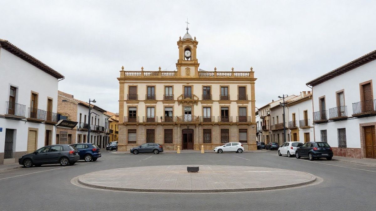 Imagen ilustrativa: una plaza de pueblo con una rotonda y edificios bajos bajo un cielo nublado.
