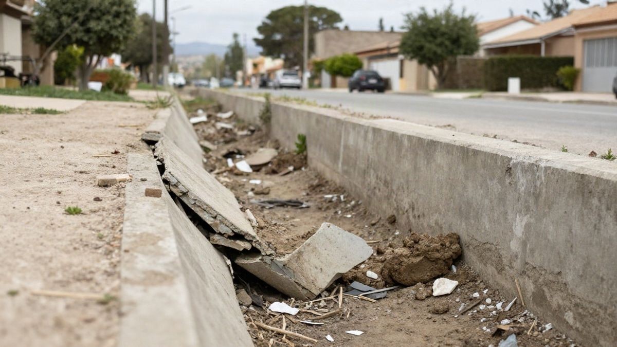 Imagen ilustrativa: muro de contención dañado junto a un cauce seco en zona residencial