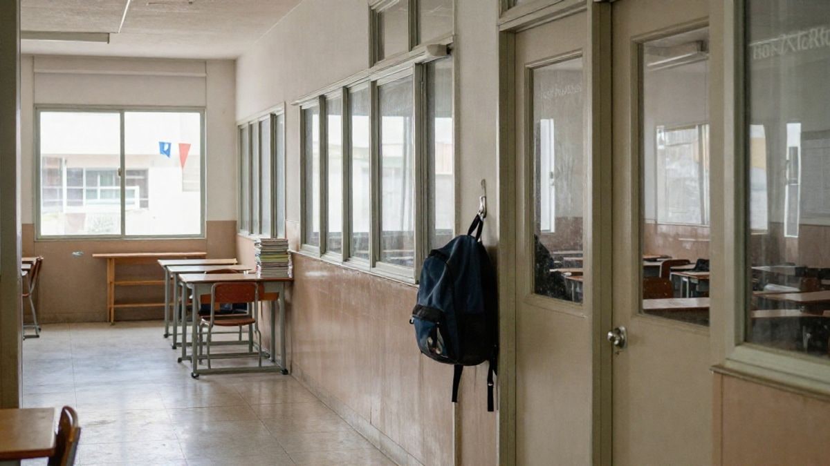Imagen ilustrativa: pasillo de un instituto con aulas abiertas y libros sobre una mesa junto a la ventana