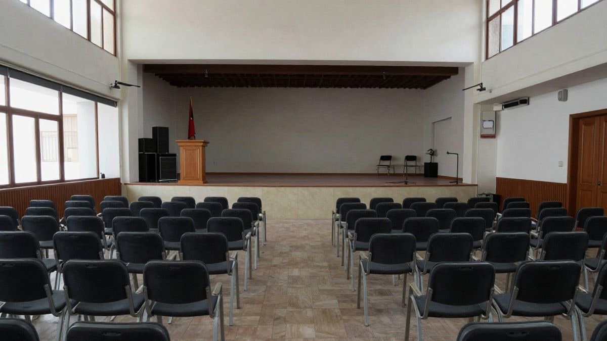 Imagen ilustrativa: interior de una sala de actos con sillas vacías y un atril en el escenario
