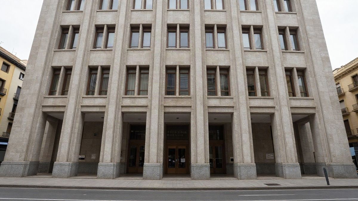 Imagen ilustrativa: fachada de un edificio consistorial moderno con líneas arquitectónicas que convergen