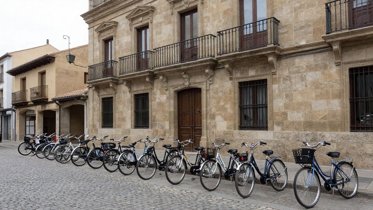 Imagen ilustrativa: bicicletas aparcadas frente a un edificio consistorial genérico en una calle adoquinada de un pueblo español.