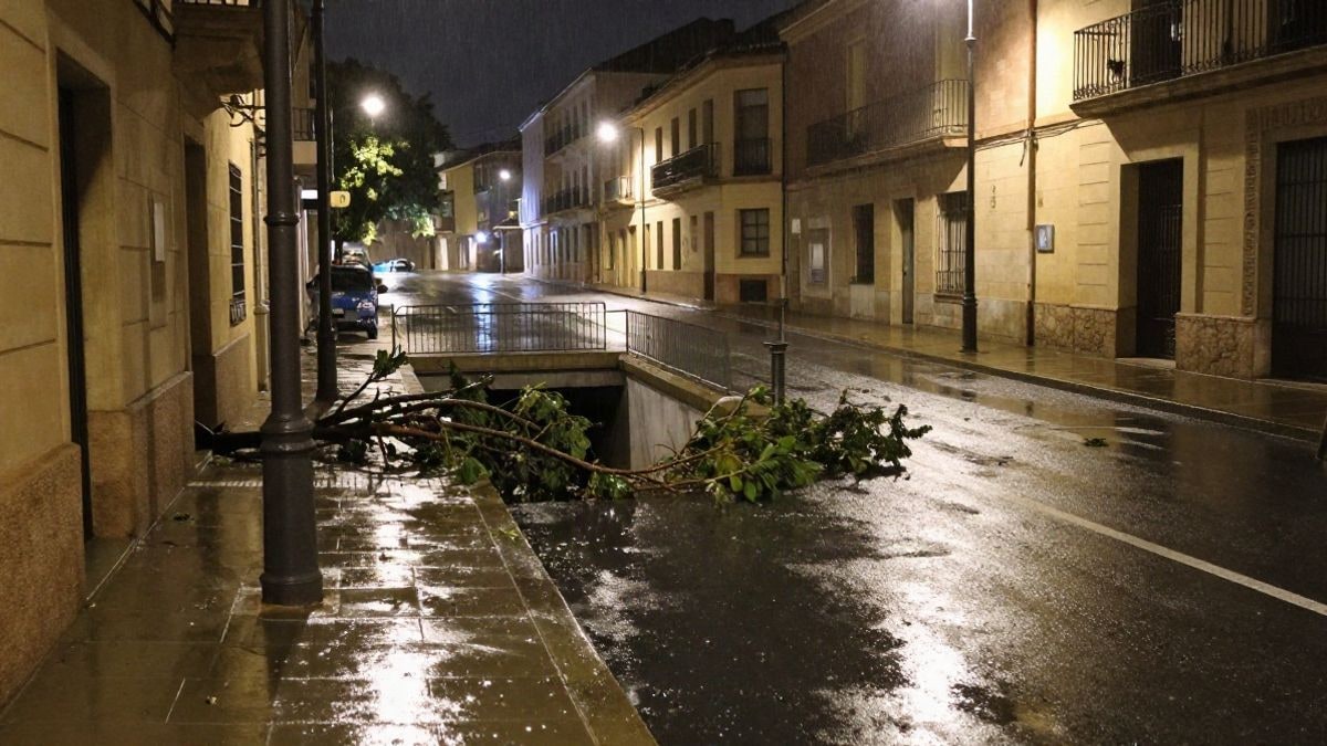 Imagen ilustrativa: calle mojada de noche con farolas y ramas caídas tras la lluvia