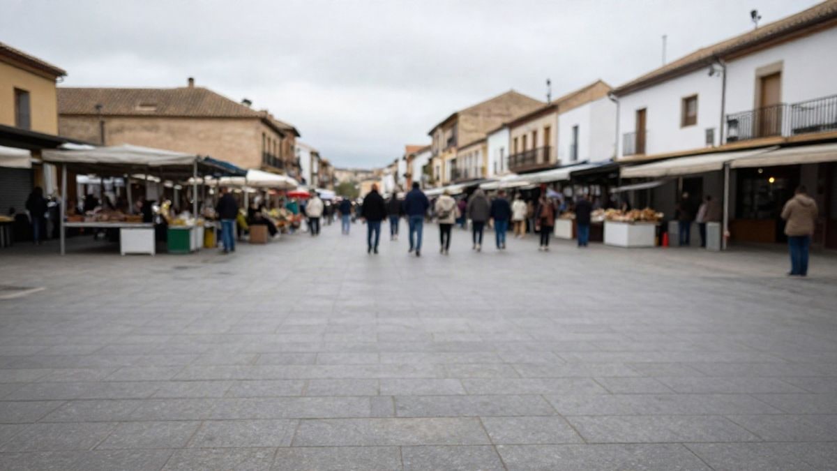 Imagen ilustrativa: una plaza con puestos de mercado vacíos bajo un cielo nublado en un municipio español