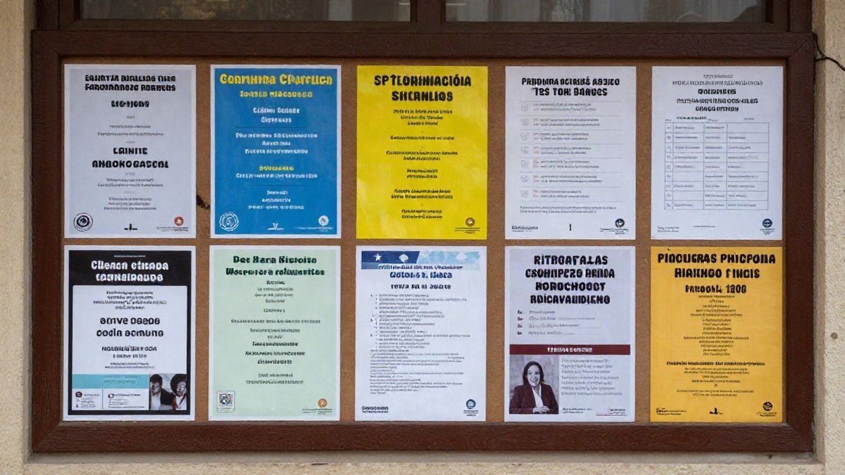 Imagen ilustrativa: un tablón de anuncios de un centro cívico con carteles de cursos y talleres, con una mano colocando un nuevo aviso.