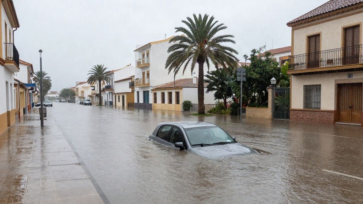 Imagen ilustrativa: calle inundada con agua cubriendo el asfalto y un coche parcialmente sumergido, bajo lluvia y cielo cubierto.