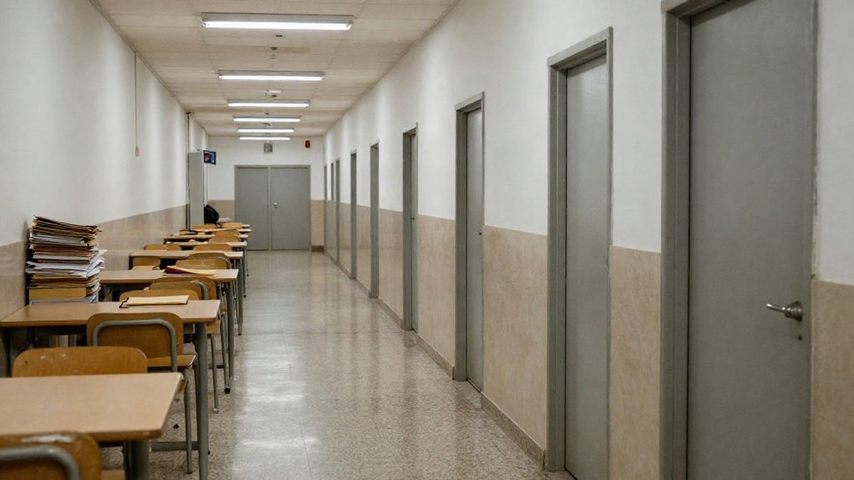 Imagen ilustrativa: pasillo escolar con sillas vacías y carpetas sobre una mesa al final de la jornada