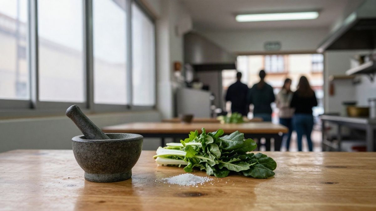 Imagen ilustrativa: mesa de cocina con mortero, escarola y bacalao en un aula de hostelería