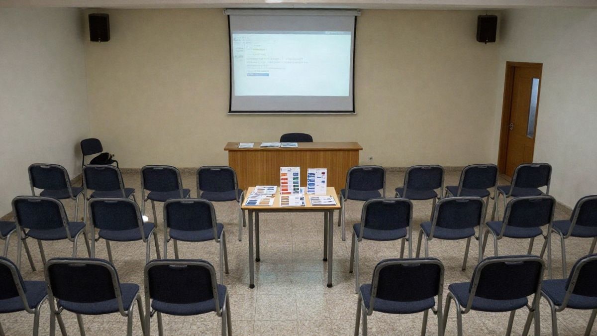 Imagen ilustrativa: sala de un centro cívico con sillas vacías y folletos informativos sobre una mesa