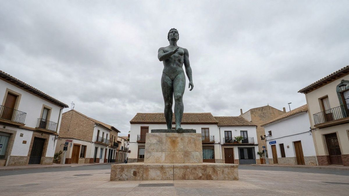 Imagen ilustrativa: escultura urbana en una plaza, vista desde un ángulo bajo con cielo nublado