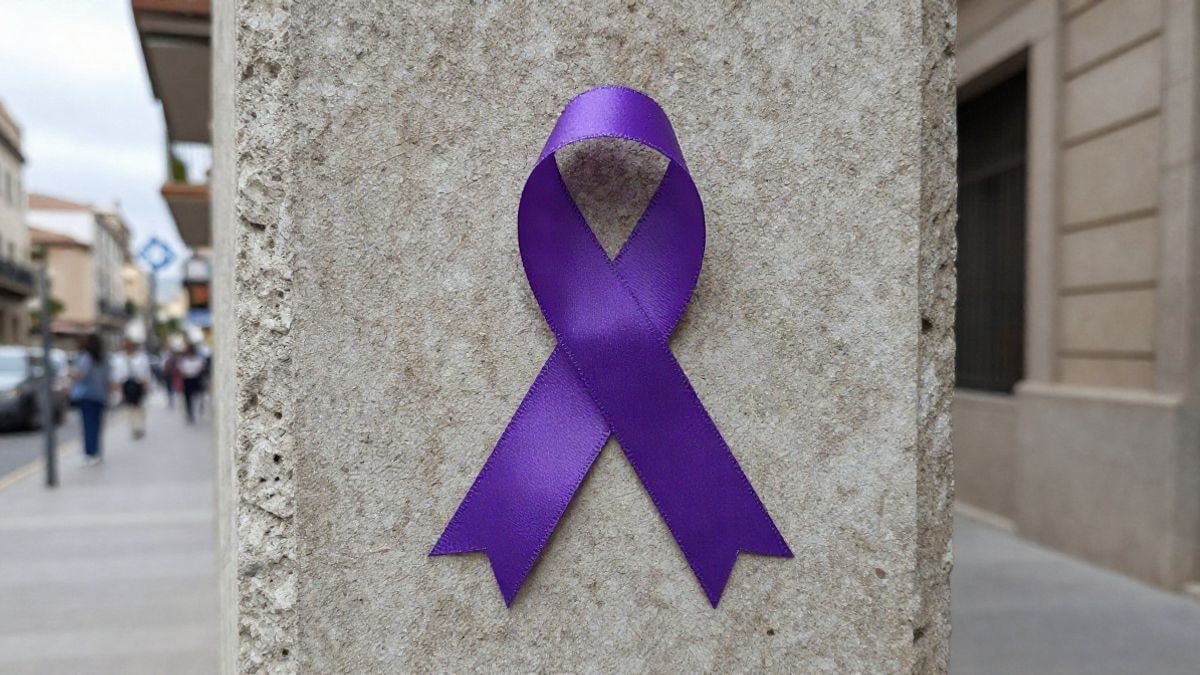 Imagen ilustrativa: detalle de un lazo morado sobre una superficie de hormigón