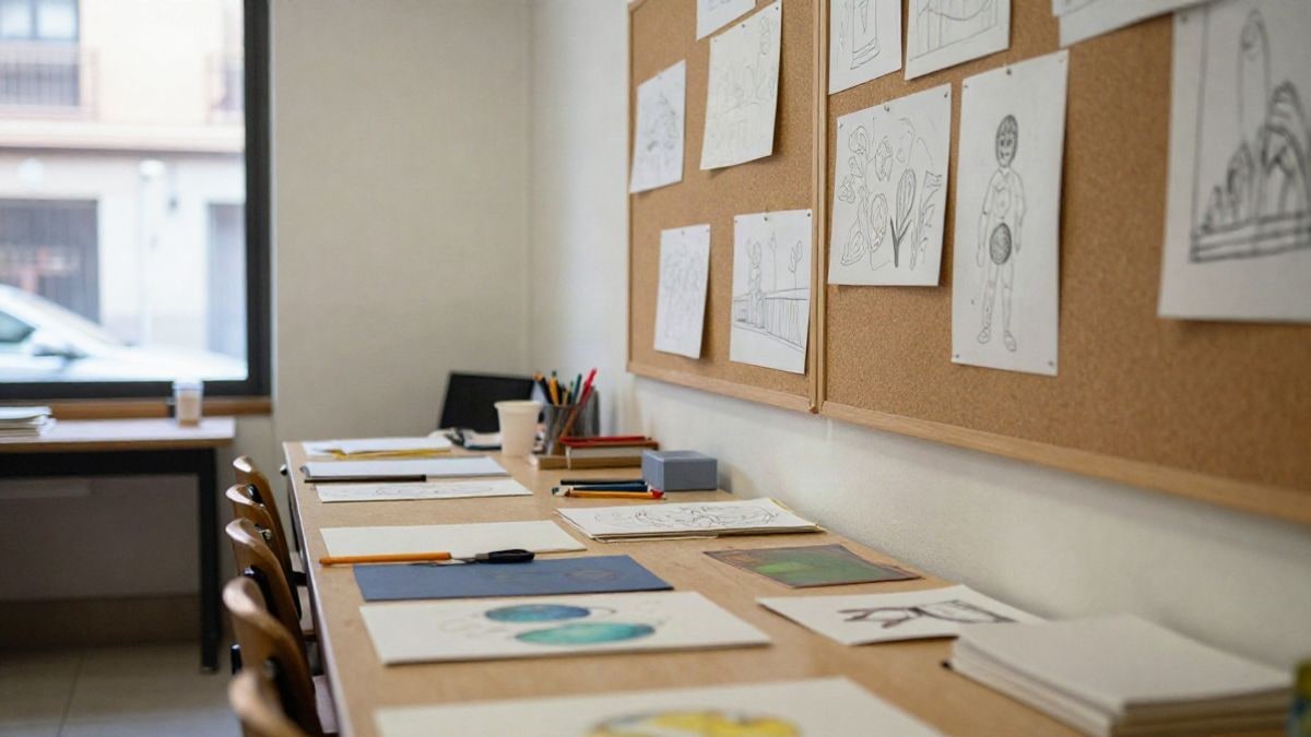 Imagen ilustrativa: mesa de taller con materiales de manualidades y corcho con dibujos en una sala juvenil