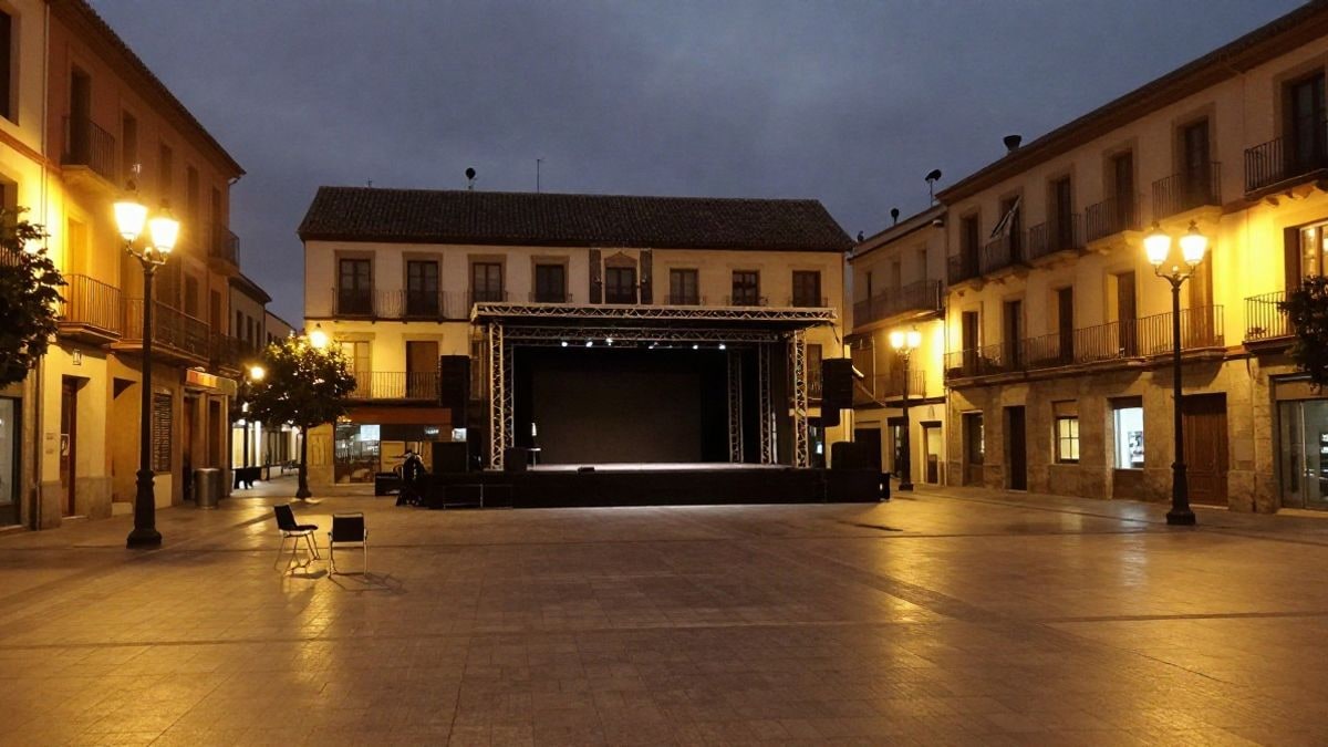 Imagen ilustrativa: plaza de una ciudad española iluminada por farolas durante un evento cultural nocturno