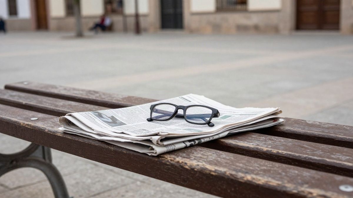 Imagen ilustrativa: un banco de madera en una plaza con un periódico y gafas de lectura