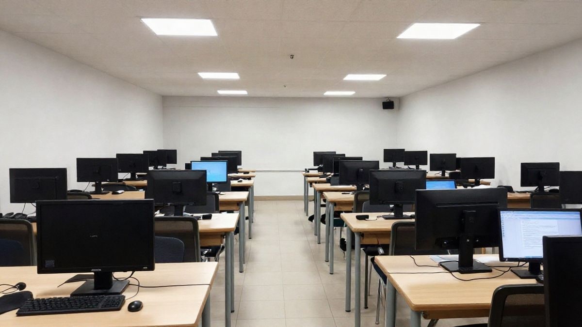 Imagen ilustrativa: aula de informática con mesas y ordenadores alineados vista desde el fondo